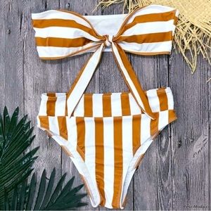 🔥🔥NWOT Rust/White Bandeau + Hi Waist Bottom Bikini Stripes | M🔥🔥